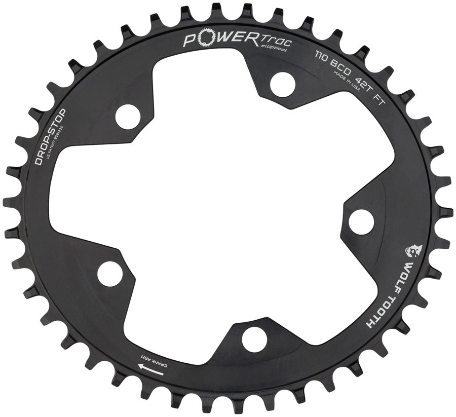 Wolf Tooth Elliptical 110 BCD Chainring - 38t, 110 BCD, 5-Bolt, Drop-Stop, 10/11/12-Speed Eagle and Flattop Compatible, Black Wolf Tooth Components The Bicycle Station